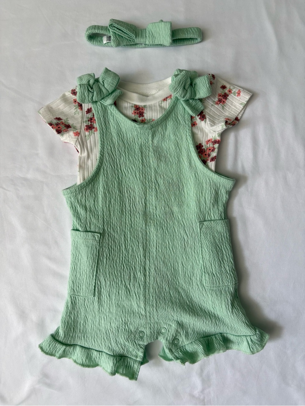 🌸 Baby girl Mint Green Girls' Romper with Floral Tee and Headband
